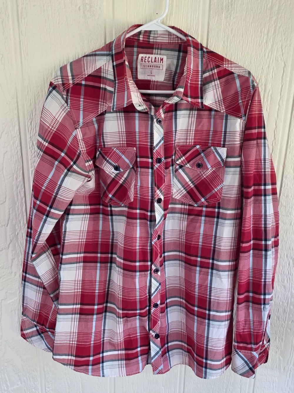 Men's Reclaimed Vintage Red and White Plaid Button-Down Shirt, Size Large